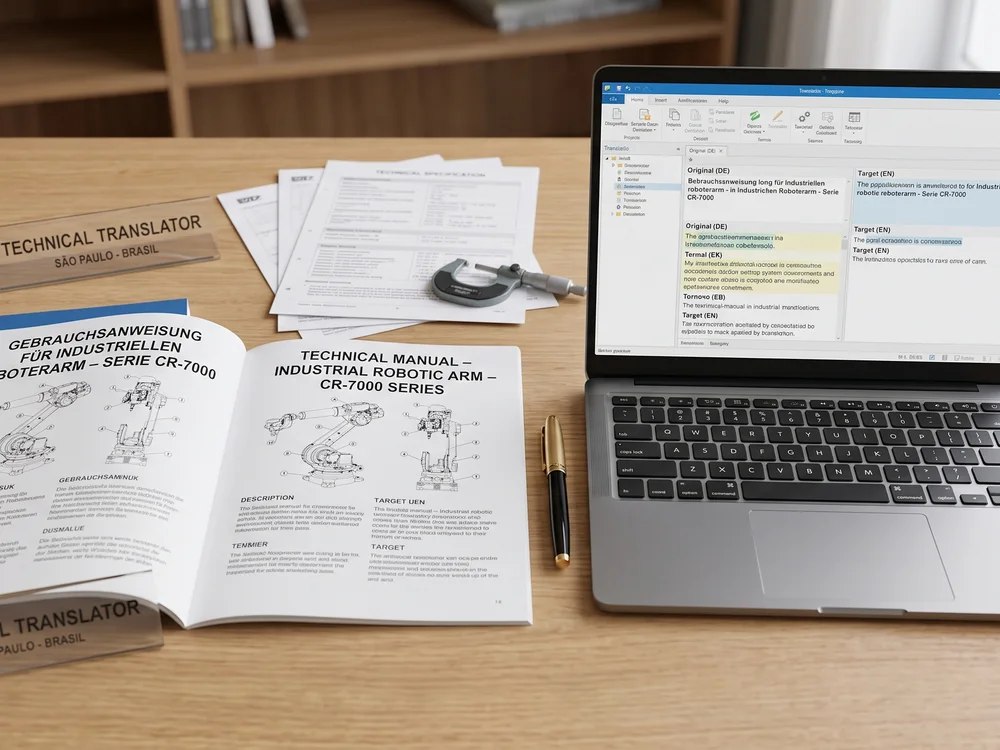 Manual técnico industrial aberto ao lado de um notebook com software de tradução e um paquímetro sobre a mesa